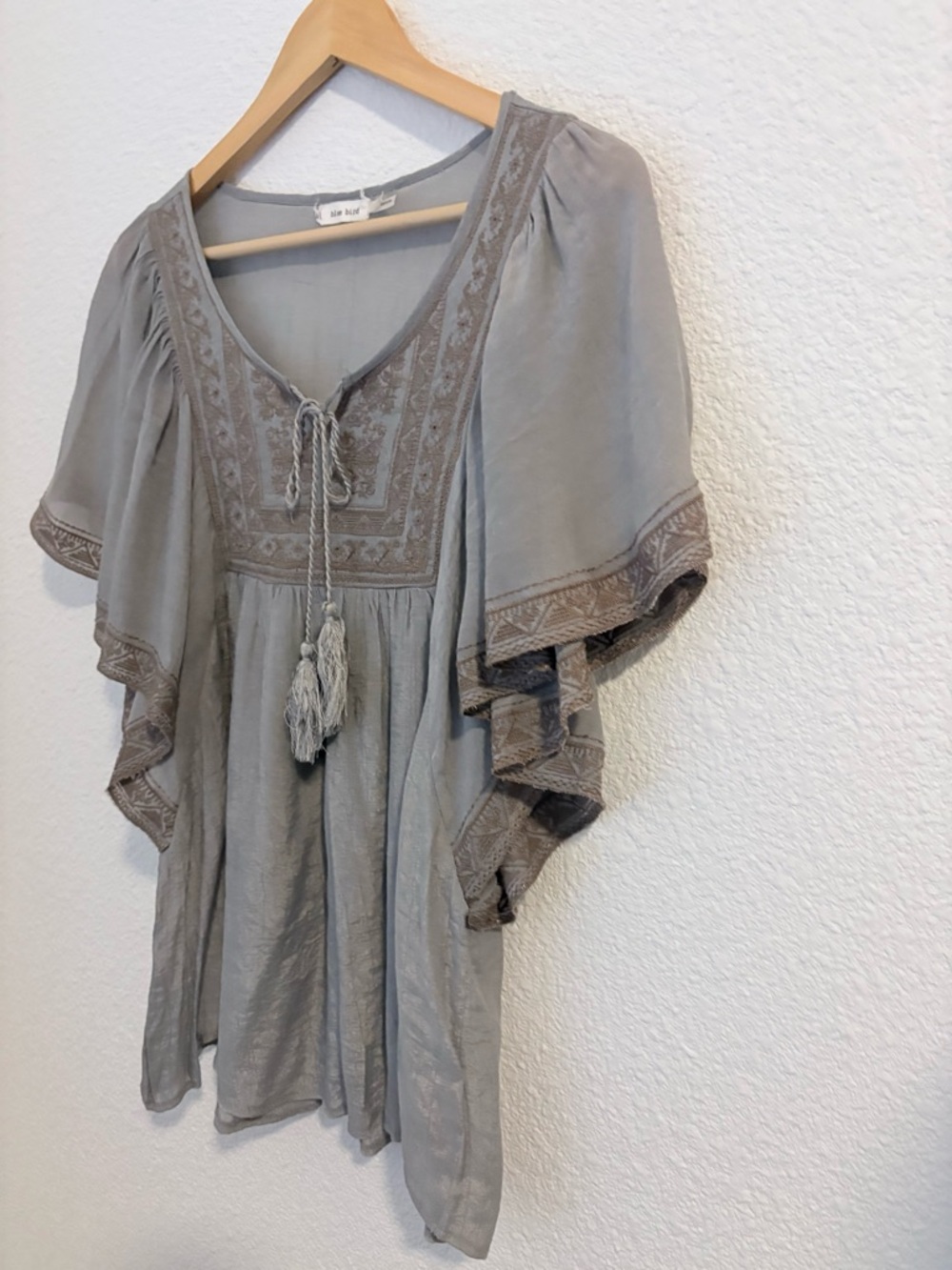 Blue Bird Gray Embroidered Tassel Peasant Top - Picture 2 of 6